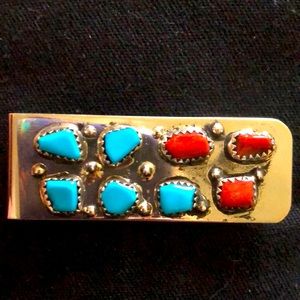 Zuni Money Clip Turquoise Coral & Sterling Signed